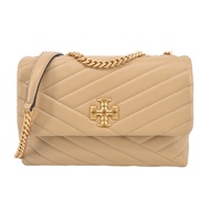 TORY BURCH KIRA 雙T金字LOGO鍊斜紋衍縫翻蓋兩用包-小/多色選/平行輸入/ 奶茶