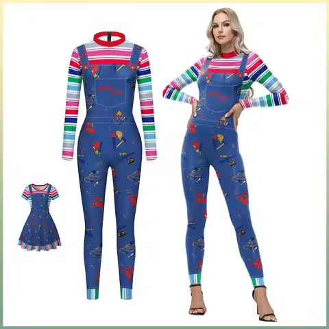 Adult Chucky Cosplay Costume With Striped Shirt And Jumpsuit For Overalls party suit Festival Leotar