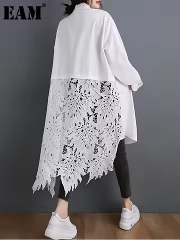 [EAM] Women Black Back Lace Big Size Long Blouse New Stand Collar Long Sleeve Shirt Fashion Tide Spr