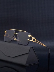1入男式時尚無框豹紋設計金屬方形眼鏡，適用於日常穿著和商務場合