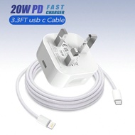 20W UK Wall Charger Set, USB C Fast Charging Adapter + 3.3ft/100cm Type-C To Lightning Braided Data