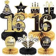 9 Pieces 16th Birthday Decoration for Boys Black Gold 16th Birthday Tables Decor Honeycomb Centerpie