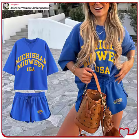 Women's Varsity Blue Short Sets with Contrasting Text Aesthetic Washed Effect Text Short Sleeve Swea