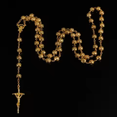 8mm yellow gold rosary necklace. Star Maria Christ's cross necklace. Jesus Christ Cross Pendant Chai