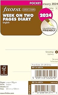 Filofax Calendar Diary Refill, Pocket Size, Week-to-View, Cotton Cream Paper, Unruled, English, 2024 (C68224-24)