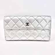 CHANEL 黑銀羊皮長款錢包卡包 19*10*2 98新