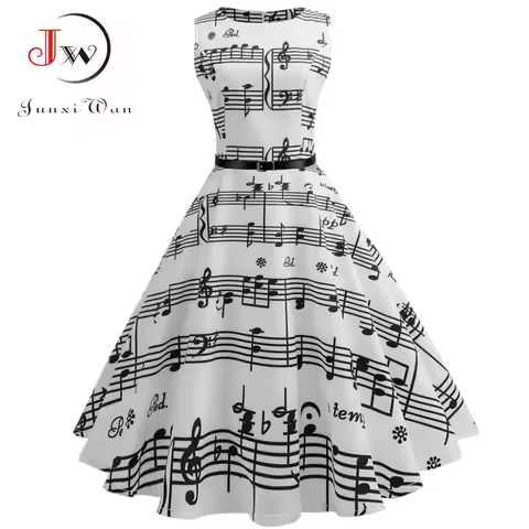 Women Summer Music Note Print Dress Robe Retro Swing Casual Vintage Sleeveless O-Neck Swing Dresses 