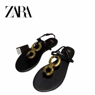 Zara Sandals Women Metal Buckle Flat Shoes Sandals Outer Wear Beach Shoes Buckle Black Women's Shoes