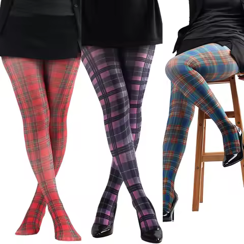Fashion Women's Classic Tartan Semi-Opaque Pantyhose Printed Tights Red Purple Blue Green Scottish C