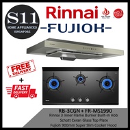 FUJIOH FR-MS1990 90cm SLIM COOKER HOOD* 3 YEARS LOCAL WARRANTY + Rinnai RB-3CGN 3 Inner Flame Burner Built-In Schott Ceran Glass Top Plate Bundle - Free Delivery