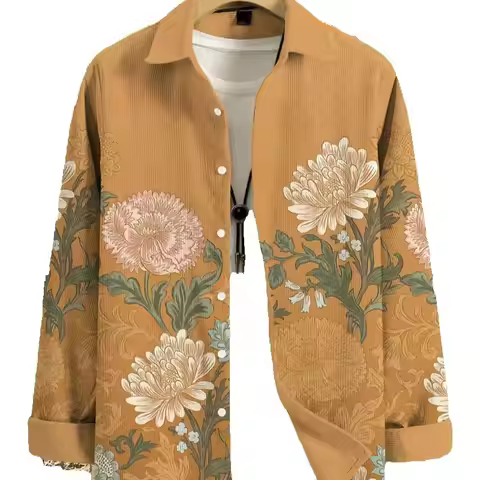 New Men's Linen Long Sleeve Shirt HD 3D Alphabet Printed Flower Series Senko Pattern Casual Comfort 