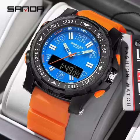SANDA 3375 Luxury Men's Electronic Watch Dual Display Multi Functional Waterproof LED Night Light St