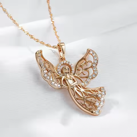 Wbmqda Luxury Fashion Angel Pendant And Necklace For Women 585 Rose Gold Color With White Natural Zi