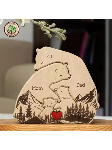 Personalized Art Wooden Bear Family Puzzle, Baby's Birth Gift, Thanksgiving Christmas Holiday Heart 