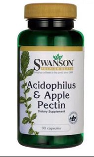 Swanson 蘋果果膠 + 乳酸桿菌 Apple Pectin + Acidophilu，專利配方每膠囊含300mg 蘋果果膠和1億活性乳酸桿菌，除可蘋果果膠的功效外，更可以補充腸內益生菌的不足。一