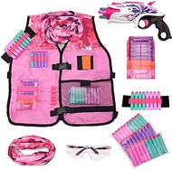 Girls Pink Tactical Vest Set with Gun for Nerf Rebelle and N-Strike Elite Series with 30 Refill Darts, Quick Reload Clip, Wrist Ammo Holder, Safety Glasses, and Tube Mask