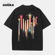 Korean style cotton T-shirt women , Star Diwali New Clothes print oversized Crew Neck white Baju Lel