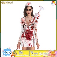 Women Halloween Nurse Costume Long Sleeve Crew Neck Slim Fit Bloody Nurse Costume Zombie Nurse Costu
