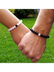 2 piezas pulseras de piedras preciosas a juego - pulsera de cuarzo rosa pulsera de ónix para pareja (hombre/mujer) joyería de meditación de amor a larga distancia