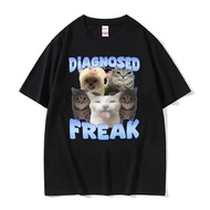 Diagnosed Freak Funny Cute Cat Meme T-shirt Men  Casual Humor Vintage Aesthetic T Shirts Pure Cotton