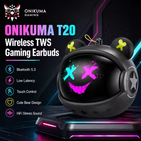 ONIKUMA T20 TWS Gaming Earbuds Bluetooth 5.3 Low Latency in Ear Headphones Rotating Bear Charging Ca