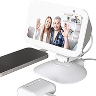 MOHOSOKO Adjustable Height Stand for Echo Show 5 (3rd Gen) Charger Stand with USB-C &amp; USB Port, Tilt and Swivel Magnetic Table Holder, Compatible with iPhone 13/14, Cell Phone &amp; Earbuds (White)