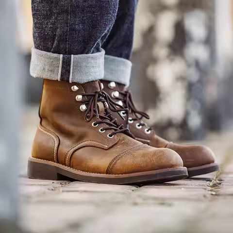 Full-Grain Leather Ankle Boots Retro Genuine Leather Paratrooper Motorcycle Boots for Men's Fall Win