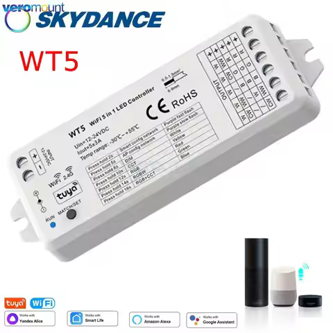 WT5 Tuya Smart RGBCCT Controller 12V 24V DC 5 in 1 Dimmer RGB CCT RGBW RGBWW LED Strip Wifi Controll