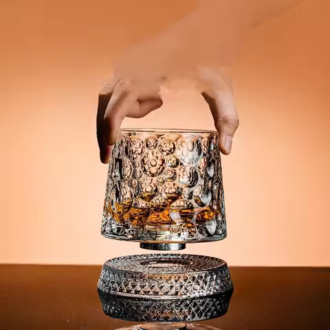 Whiskey Glasses Rotatable Tumbler Crystal Glass Cups Drinking Glasses with Creative Coasters for Sco