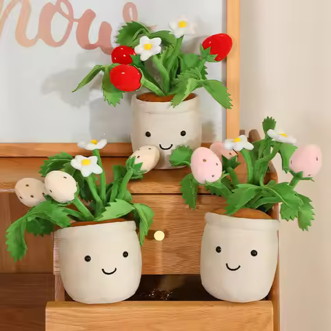 Strawberry Lily Dandelion Flowers Potted Green Plant Plushie Stuffed Humanoid Colorful Romantic Home