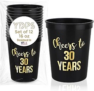 Cheers to 30 Years, 30th Birthday Party Cups, Set of 12, 16oz Black and Gold Stadium 30th Birthday C