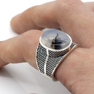 Genuine Pure 925 Silver Mens Ring with Big Natural Onyx Stone Retro Punk Thai Silver Aqeeq Ring for 
