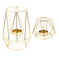 HAPPY TIME-Set of 2 Gold Geometric Metal Tealight Candle Holders for Living Room & Bathroom Decorati