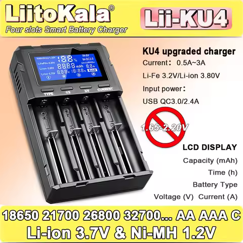 LiitoKala Lii-KU4 Battery Charger,QC3.0 Fast Charging,LCD Display,for 3.7V/1.2V Rechargeable Batteri