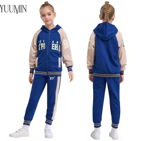 New Unisex Boys Girls Two-Piece Sports Outfit Color Block Tracksuit Hooded Sweatshirt with Sweatpant