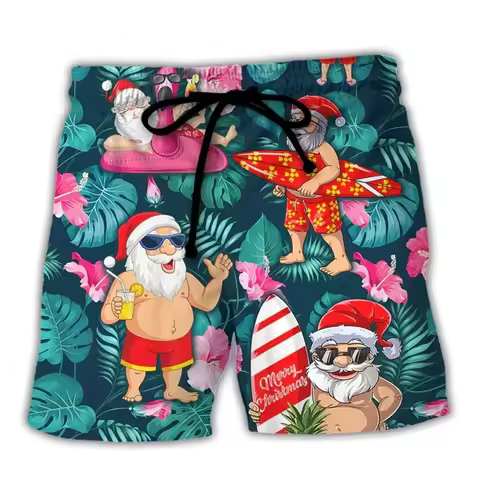 3D Print Merry Christmas Santa Claus Pattern Beach Shorts For Men Summer Funny Xmas Board Short Pant