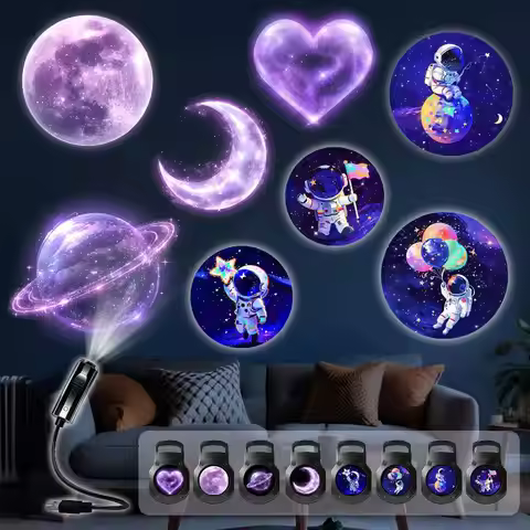 LED USB Projector Light 8pcs Planet Hearts Moon Astronauts Projection Patterns Ceiling Decorative Ni