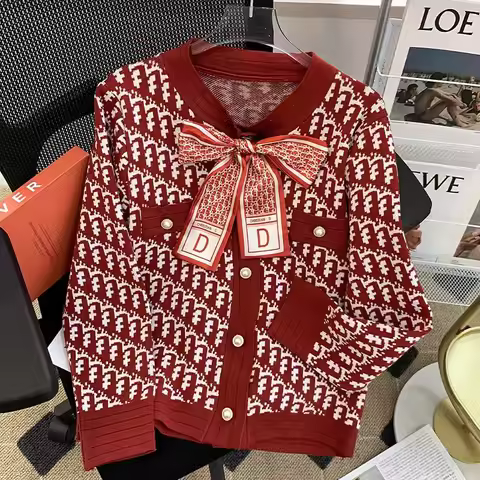 Spring Autumn Sweater Jacket 2024 New Women's Design Fashion Knitted Cardigan Coat Red Pink Black Gr