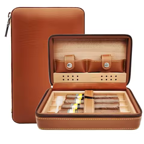 4pcs Humidor Cigar Box Travel Cigar Case orginizer without cutter lighter Leather Cedar Wood Cutter 