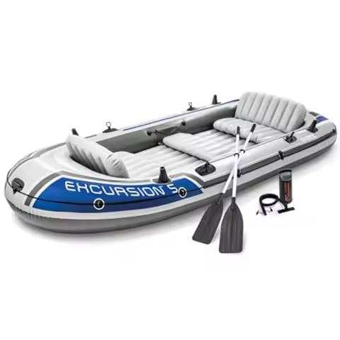 Excursion 5-person inflatable boat for water fishing and river rafting, PVC material, gray-blue colo