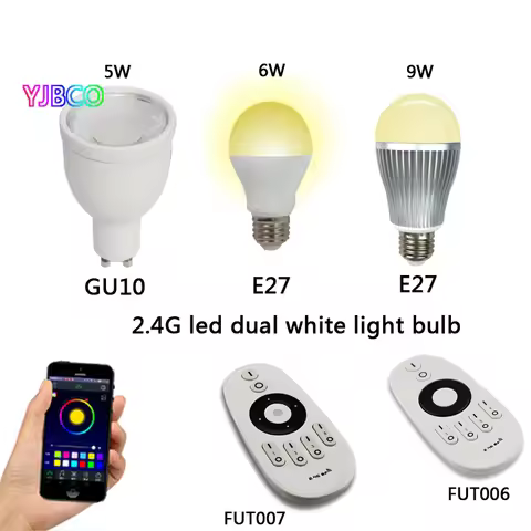 5w 6W 9W GU10 E27 Milight LED Dual white bulb base lamp CCT AC85-265V & FUT006 FUT007 2.4G 4Zone led