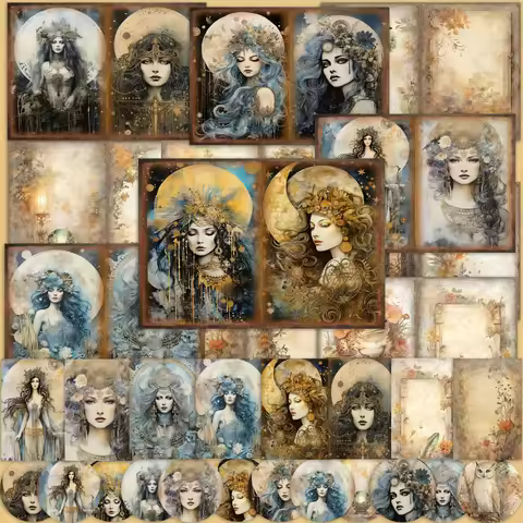 JAIIMAN54pieces(12paper+42sticker) A5 Vintage Fantasy DIY Art Craft Decor Paper Set,for Journal Supp