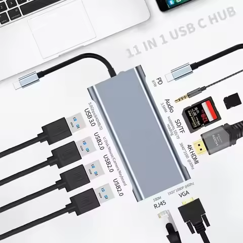 11-in-1 USB-C Hub Dual Video Output HDMI VGA RJ45 USB3.0 PD 100W Docking Station for Laptops MacBook