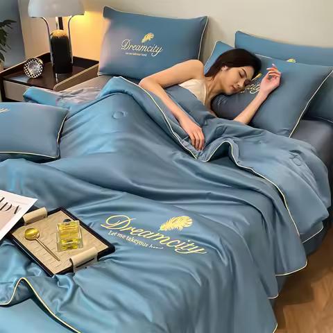 Luxury Washed Ice Silk Fiber Summer Comforter Ultra Soft Lightweight Cooling Blanket Embroidery Quee
