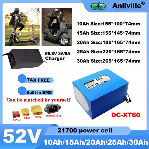 52V 10Ah 15Ah 20Ah 25Ah 30Ah 21700 Lithium Battery Pack, 60A Continuous 90A Peak, 30A BMS High Power