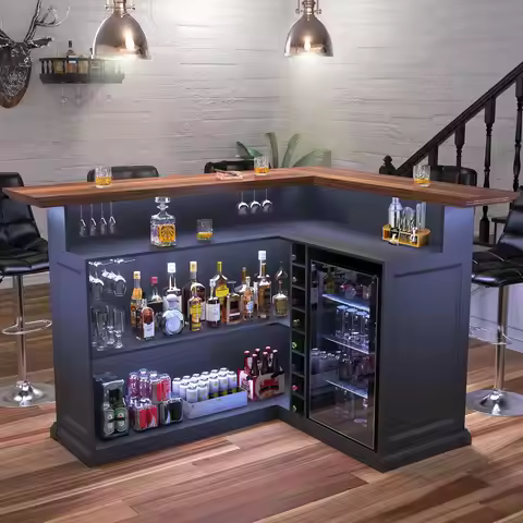 L Shaped Home Bar Cabinet with Fridge Space, Oversized Modern Basement Bar Table, 67" x 53” Wine Cab