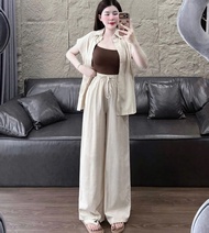 Set 3 món đũi dạo phố đi biển áo lót trong quần ống rộng suông dài kèm áo ngoài tay ngắn màu da