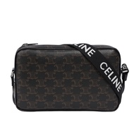 【CELINE】Triomphe 塗層帆布及牛皮中型郵差包(黑色)/平行輸入
