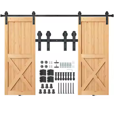 8FT Sliding Barn Door Hardware Kit, 330LBS Heavy Duty Barn Door Track Kit for Double Doors, Fit 3.7-