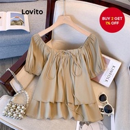 NS37-NOV23-E-Lantern Sleeve Off-Shoulder Tie-Neck Shirt-BLNS37EX097  NS37-NOV23-E-Kemeja Lengan Lent